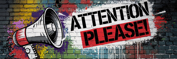 Graffiti-style megaphone and "Attention Please!" on a brick wall with splattered paint in red, yellow, blue, and purple. Bold street art vibe and dynamic, edgy energy create a powerful urban message.
