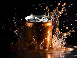 mock up product photograph of a golden brown color aluminum soda can / beer can isolated in splash of water with copy space for text	