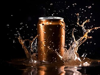mock up product photograph of a golden brown color aluminum soda can / beer can isolated in splash of water with copy space for text	