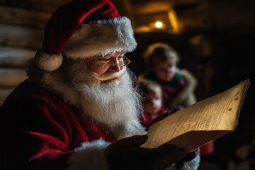 Santa Claus checking his list of naughty and nice children.