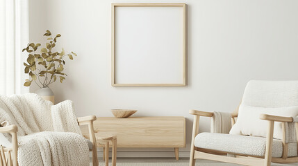 A serene and minimalist living room featuring light wood furniture, cozy textures, and neutral color palette. space invites relaxation and comfort, perfect for unwinding