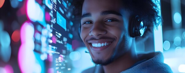 Naklejka premium Smiling Customer Service Representative Assisting Client Through Futuristic Video Call
