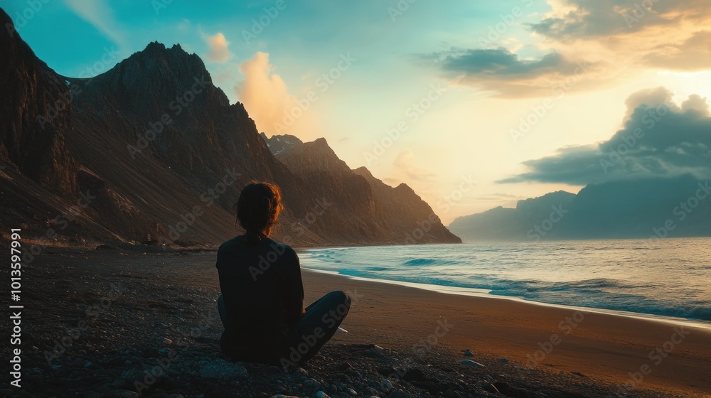 Poster Solitary Figure Contemplating a Coastal Sunset Against Majestic Mountainous Terrain