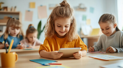 Engaged girl using tablet in classroom with peers focused on activities. atmosphere is creative and collaborative, showcasing learning and interaction among children