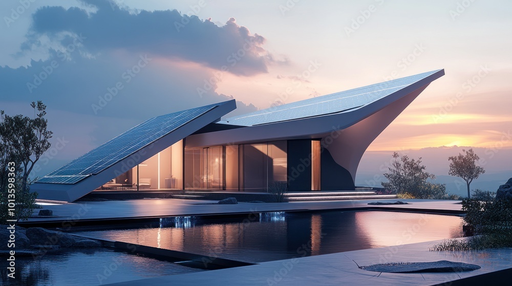 Sticker Modern house with solar panels and pool at dusk