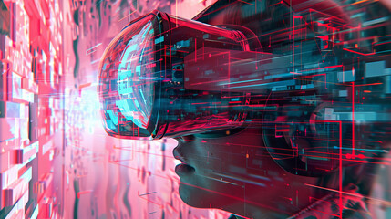 Immersive virtual reality experience with person wearing VR headset, surrounded by vibrant digital graphics and abstract patterns. scene conveys sense of exploration and innovation