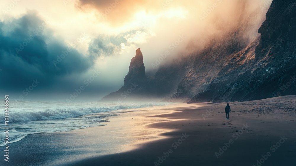 Wall mural Solitary Figure on a Misty Beach with a Dramatic Rock Formation