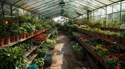 A vibrant greenhouse filled with lush plants and colorful flowers, showcasing variety of greenery and blooms. atmosphere is serene and inviting, perfect for plant lovers