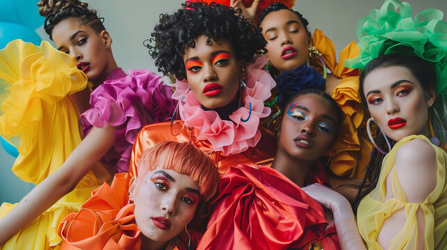 Vibrant group of women showcasing colorful fashion with bold makeup and ruffled dresses, exuding confidence and creativity in lively atmosphere