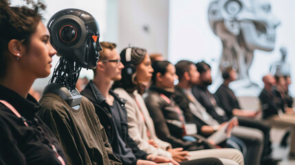 A futuristic scene featuring humanoid robot seated among diverse group of people at conference. atmosphere is filled with curiosity and innovation as attendees engage with advanced technology