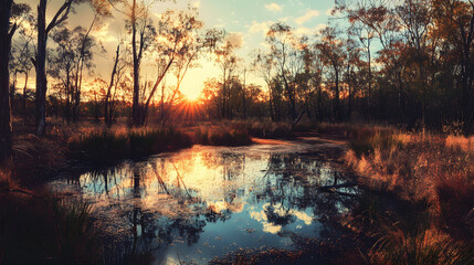 Fototapeta premium Sunset Serenity in the Australian Outback, a vibrant swamp reflecting hues of orange and purple, surrounded by lush vegetation and wildlife.