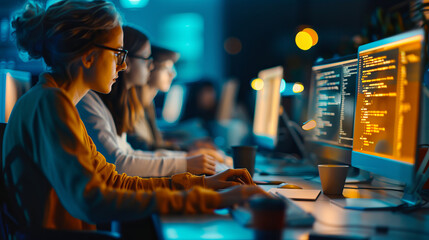 Innovative women working on computers in modern tech environment, focused on coding and programming. atmosphere is vibrant with blue and orange lighting, creating dynamic workspace