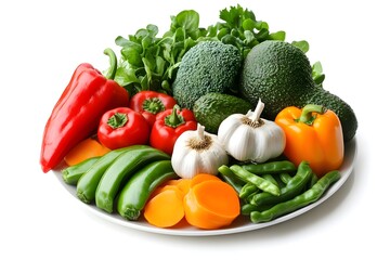 Nourishing Plate Fresh Vegetables and Fruits Artfully Arranged on White Background