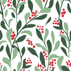 Seamless vector repeat pattern with elegant hand drawn Christmas berry botanical on white. All over hand drawn Christmas greens for gift wrap, fabric, packaging, sleepwear, bedding design projects