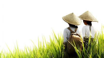 Two individuals in rice field, wearing straw hats.