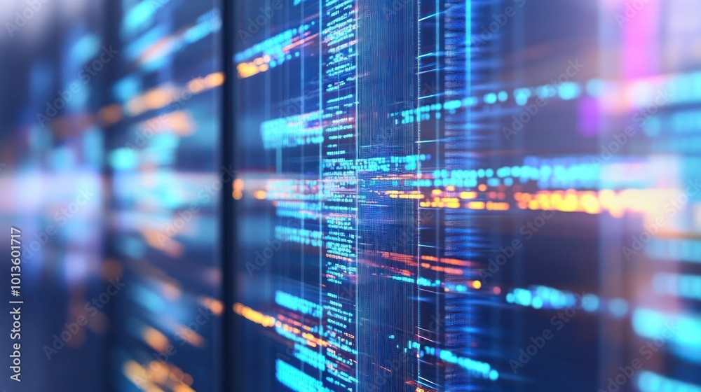 Poster abstract digital data visualization with vibrant lines and patterns.
