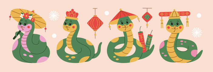 Cute snake illustrations celebrating Chinese traditions in flat style, featuring vibrant hats, lanterns, and fireworks. Perfect for 2025 themed designs, festive occasions, or children's products.