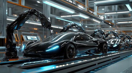Fototapeta premium A 3D concept of a supercar factory showcases an automated robotic arm production line, highlighting the advanced technology used in the assembly of sleek black energy electric vehicles