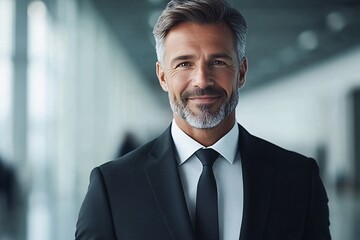 Fototapeta premium Confident Businessman in Tailored Suit Standing in Modern Minimalist Office