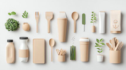 Sustainable dining setup, zero waste tableware innovation, 3D illustration