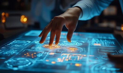 Engineer, Scientists and Developers Gathered Around Illuminated Conference Table in Technology Research Center, Talking, Finding Solution and Analysing Industrial Engine Design. Close-up Hands