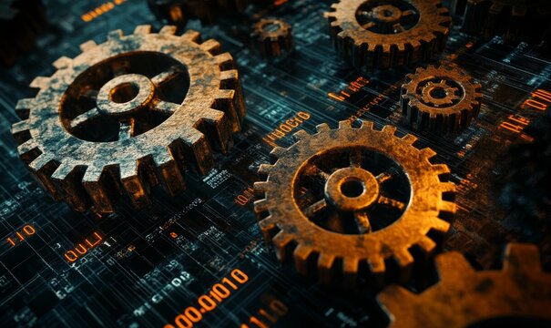 RUST programming language concept, featuring rusty gears intricately combined with binary code on a dark, tech-themed background, symbolizing the fusion of old machinery and modern, Generative AI
