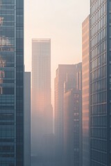 Misty morning cityscape with skyscrapers glowing in dawn light amid urban haze