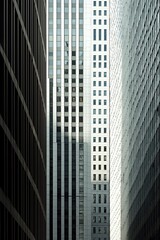 Tall buildings with reflective glass facades create a narrow urban canyon in a bustling city