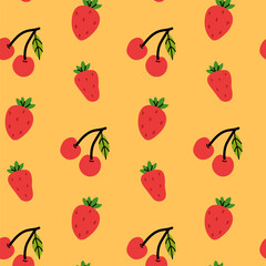 Bright strawberry pattern with vibrant red fruits on a cheerful yellow background