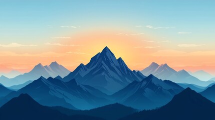 Fototapeta premium Digital illustration of a mountain range at sunset, with an orange and blue sky.