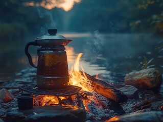 vintage coffee pot simmering over a camping fire surrounded by a warm atmospheric glow of the campfire evoking a sense of nostalgia and the comfort of a romantic evening in nature