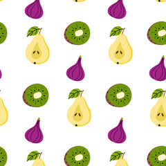 Colorful fruit pattern featuring pears, figs, and kiwis against a white background