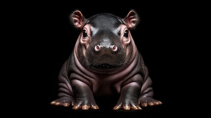 Fototapeta premium A baby hippopotamus is shown against a black background, highlighting its curious gaze, rounded ears, and smooth, shiny skin with a soft lighting effect.
