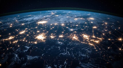 A bird's-eye view from space of satellites encircling Earth, forming a glowing, seamless network of digital connections, transmitting data across continents and oceans