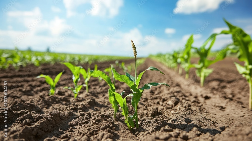 Wall mural A single corn sprout growing in a field with a blue sky in the background.