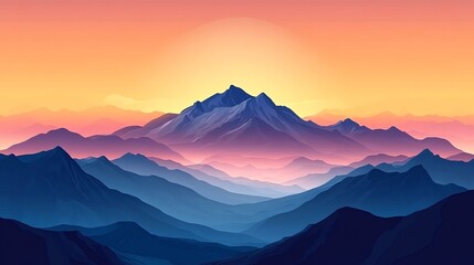 A colorful illustration of a mountain range with a hazy sunset sky.