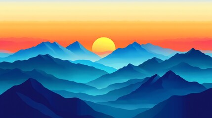 A digital illustration of a mountain range with a sunset in the background.