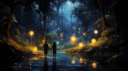 A couple takes a serene walk in an enchanted forest, with glowing lanterns lighting up the magical twilight ambiance around them.