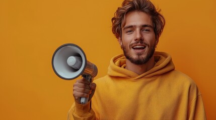 A young man in a yellow hoodie holds a megaphone against a bright orange background.