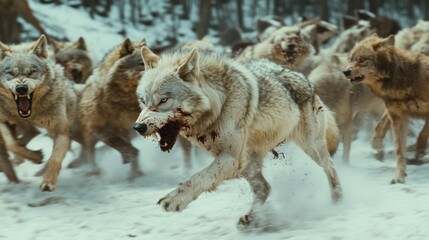 Naklejka premium A Bloody Wolf Running Through Snow with a Pack Behind It