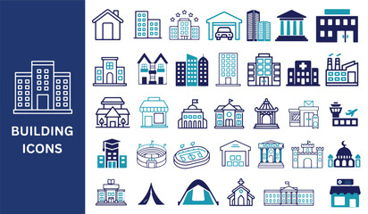Building Icon Set Vector. House, office, bank, school, hotel, shop, university, tent, airport, vector icons.