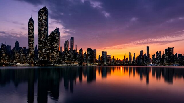 The Abu Dhabi skyline glows with the light of a setting sun, reflecting in the calm waters of the Arabian Gulf