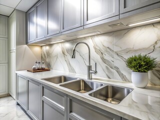Sleek modern kitchen features a stainless steel double basin sink with faucet mounted on a white cabinet, set against a luxurious white marble background.