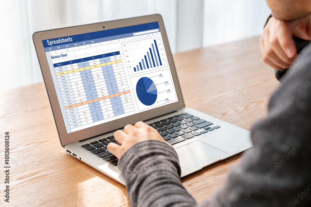 Poster spreadsheet document information financial startup concept. data and graphs in spreadsheet documents