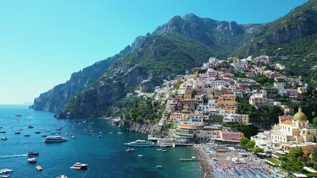 Aerial scenic view of the Italian town Positano, beach, cliffs, architecture and a beautiful nature