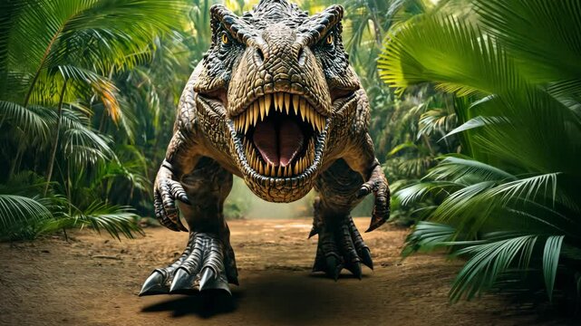 A T-Rex stalks through the jungle, its teeth bared and ready to strike