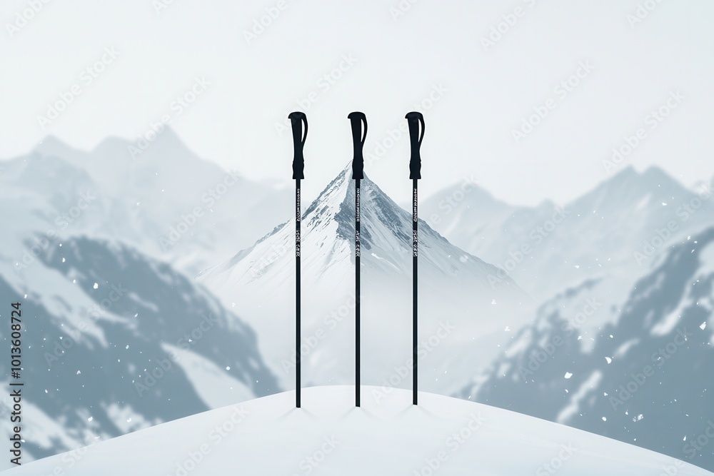 Poster ski poles are prominently positioned in a snowy landscape, with towering mountains casting a stunnin