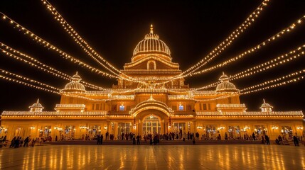 Fototapeta premium Beautifully illuminated temple at night with string lights and domes