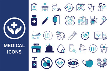Medical icon set. Medicine, hospital, treatment,
healthcare, nurse, pills, clinic, emergency icons.