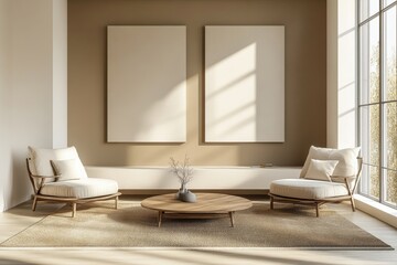 Canvas in modern beige living room with two niches, Generative AI